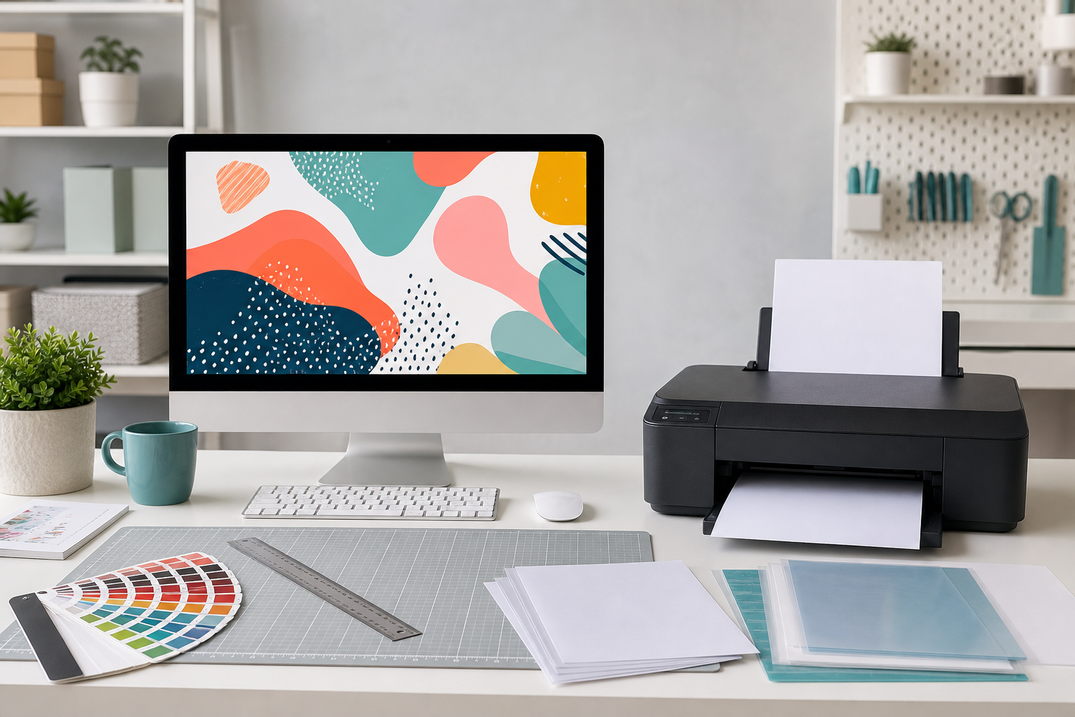 Computer and desktop printer in a tidy artwork preparation workspace